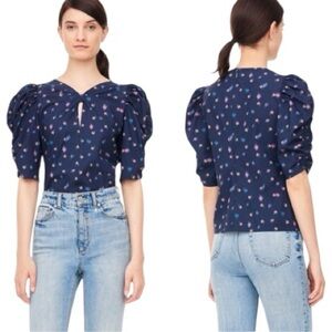 EUC Rebecca Taylor Farren Flower Poplin Blouse Navy Floral Puff Sleeve Size 4